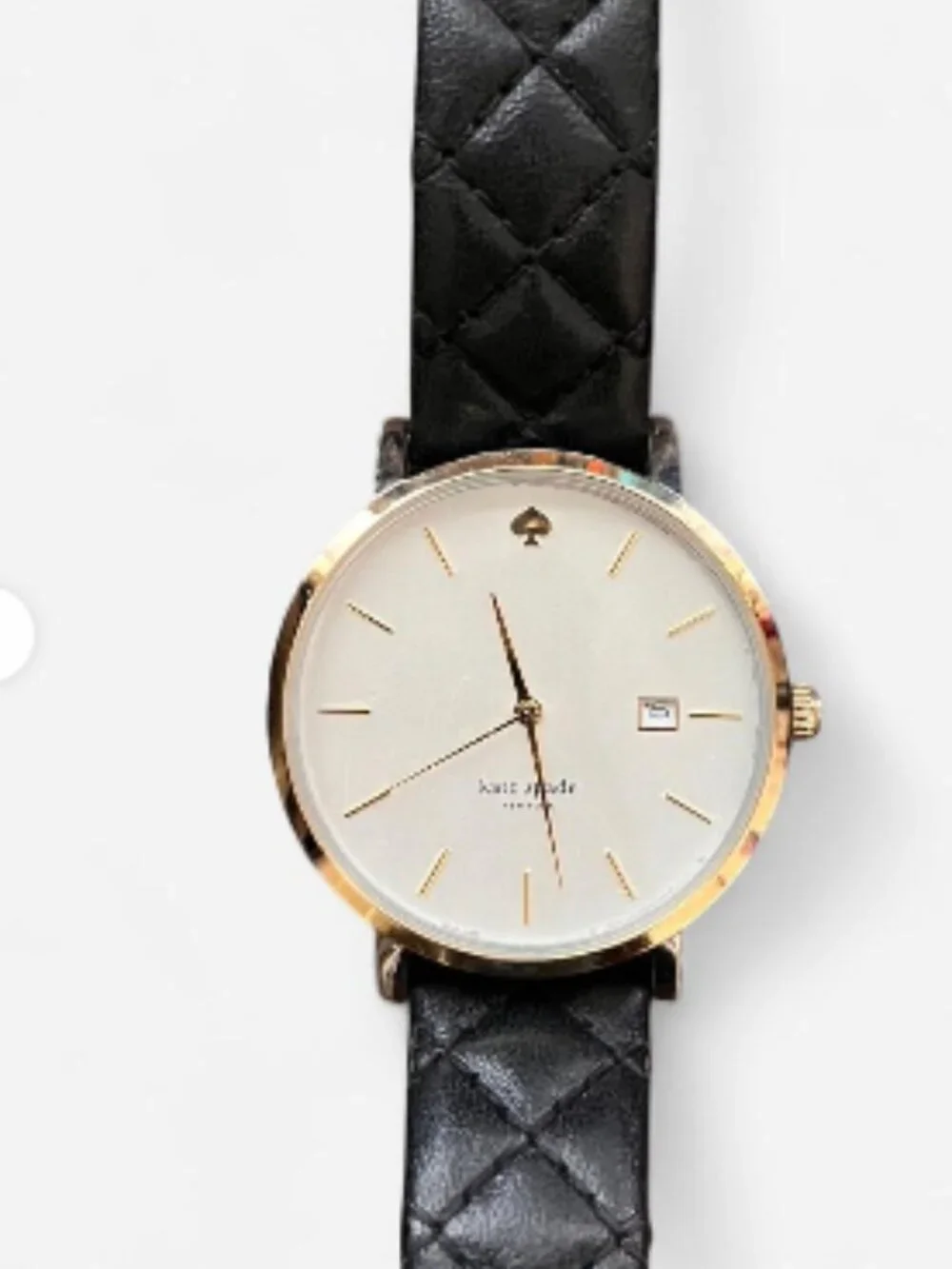 Kate Spade Metro Grand Watch Black Quilted Leather Strap Two Tone